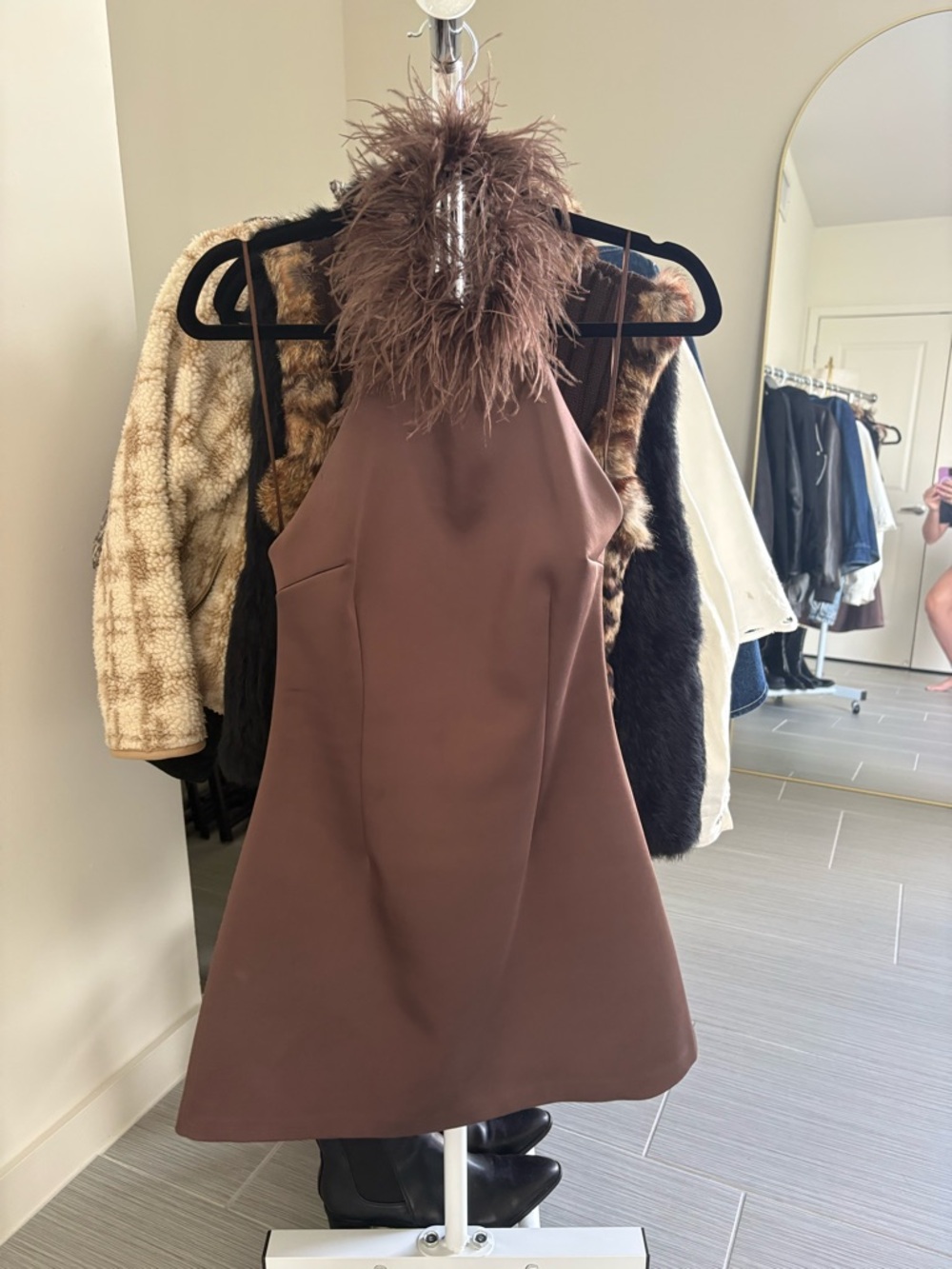 Zara Brown Mini Dress with Feather Trim